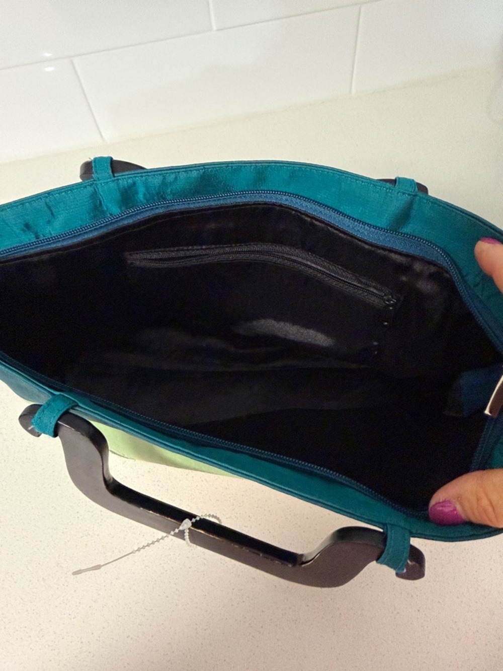 Floral Embroidered Satin Green Tote Bag with Teal Accent - Picture 4 of 6